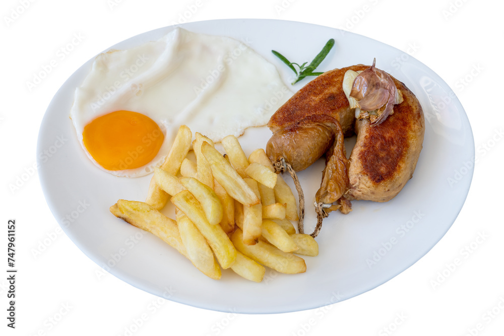 Breakfast of fried American eggs with sausage potatoes garlic and spiced greens. On a white isolated background. Breakfast of fried American eggs with sausage potatoes garlic and spiced greens. On a white isolated background.