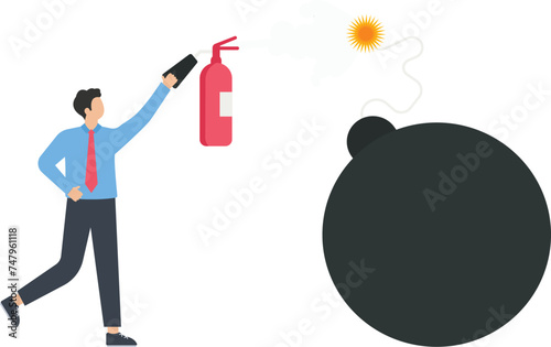 Businessman holding fire extinguisher trying to extinguish lit bomb, Calm crisis and danger or eliminate business crisis and risk concept,
