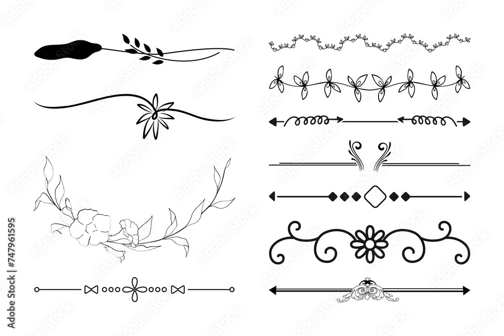 Set of hand-drawn botanical flowers line art vector. Collection of foliage, leaf branches, floral, flowers, roses, and line art. - obrazy, fototapety, plakaty 
