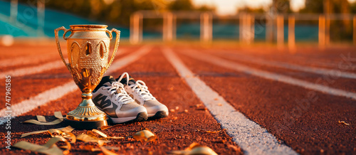  trophée en or posé à côté de chaussures de course sur une piste d'athlétisme