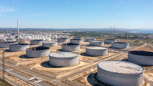 Portugal Sines oil terminal storage tanks, aerial view, oil and gas storage tanks, oil refinery chemical products. © sergojpg
