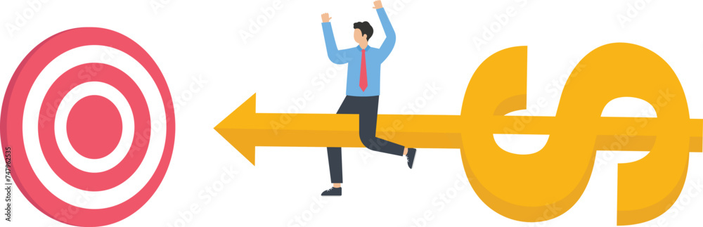 Aiming at the target and reaching the target and achieving business success, Sitting on a flying dollar sign arrow and flying towards the target concept,
Aiming at the target and reaching the target and achieving business success, Sitting on a flying dollar sign arrow and flying towards the target concept,