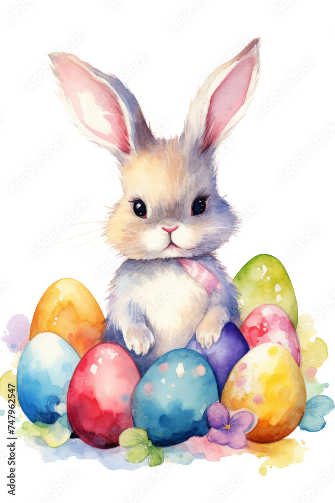 Watercolor illustration of a fluffy brown rabbit with a cute expression, nestled among colorful Easter eggs. Ideal for Easter greetings and spring-themed designs. Watercolor illustration of a fluffy brown rabbit with a cute expression, nestled among colorful Easter eggs. Ideal for Easter greetings and spring-themed designs.
