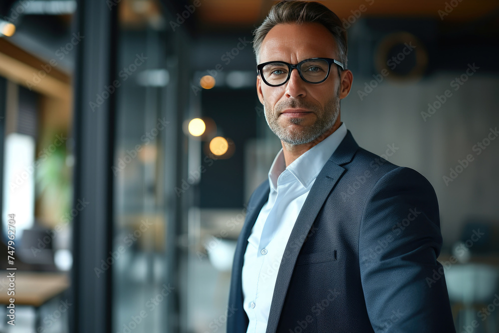 Fototapeta premium Stylish businessman in modern office space with a focused and determined look