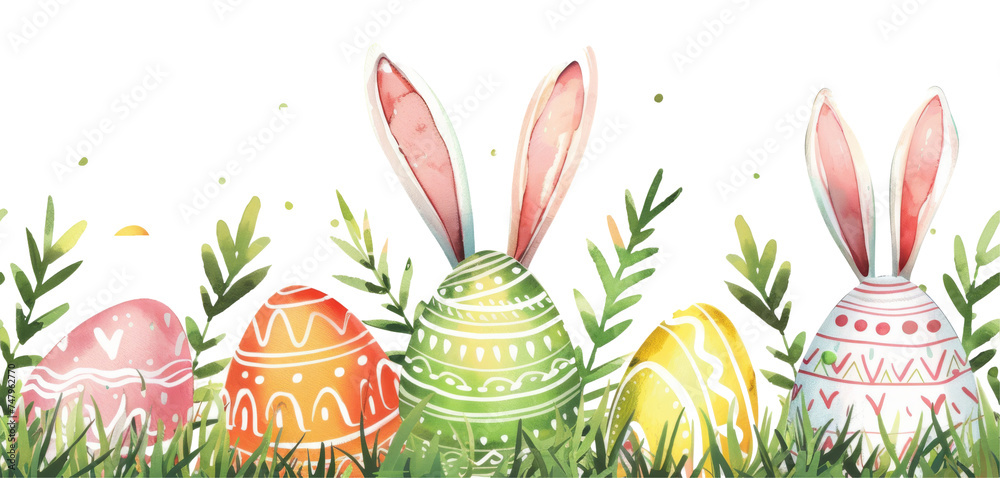 Watercolor illustration of colorful Easter eggs hidden in grass with bunny ears behind them, in pastel tones. Ideal for Easter greeting cards and holiday content.