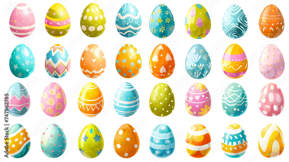 Colorful Easter eggs with various patterns on a white background, representing spring and festive joy.