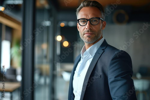 Stylish businessman in modern office space with a focused and determined look