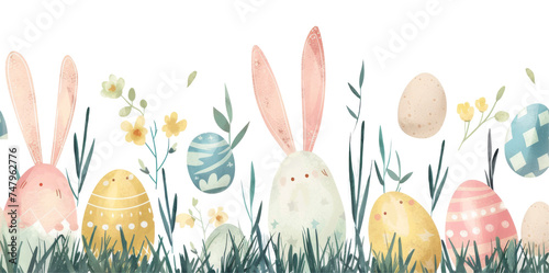 Watercolor illustration of colorful Easter eggs hidden in grass with bunny ears behind them, in pastel tones. Ideal for Easter greeting cards and holiday content.