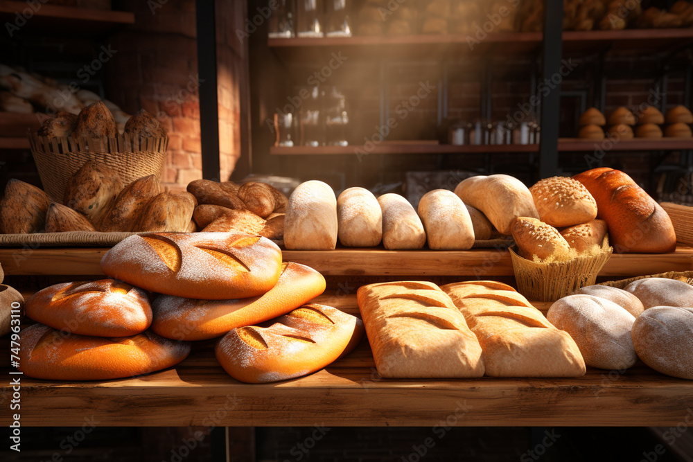 Bakery shop, bread, bake and bakery. Breads in basket, baguette, loaf, long loaf, food and meal