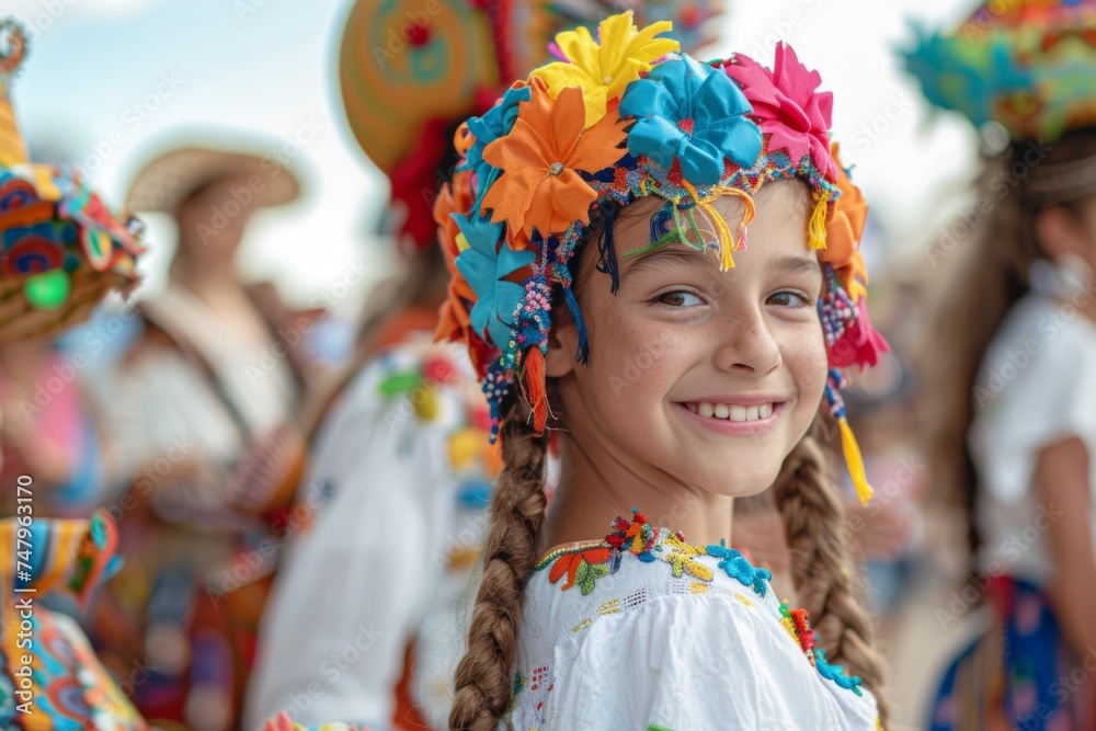 Smiling young girl wearing a vibrant, flower-adorned headpiece and traditional embroidered dress at a cultural festival.
Smiling young girl wearing a vibrant, flower-adorned headpiece and traditional embroidered dress at a cultural festival.