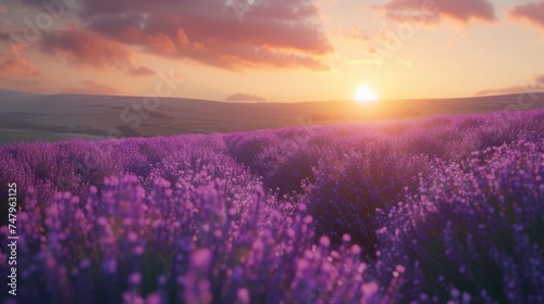 A field of lavender under a sunset sky, with the vibrant purple of the flowers contrasting with the warm colors above. 8k