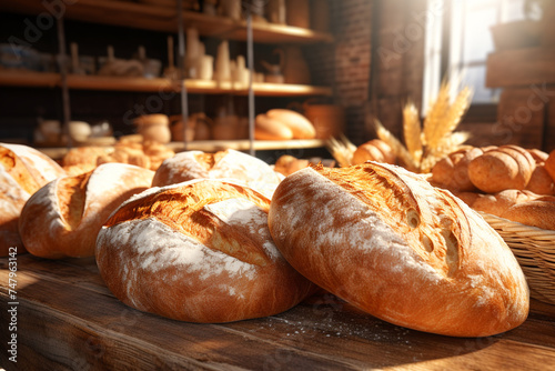Bakery shop, bread, bake and bakery. Breads in basket, baguette, loaf, long loaf, food and meal