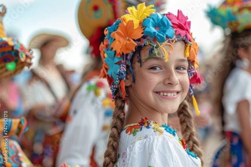 Smiling young girl wearing a vibrant, flower-adorned headpiece and traditional embroidered dress at a cultural festival. 