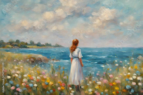 A girl standing by the sea in a meadow with flowers. Oil painting in the style of Impressionism © superbphoto95