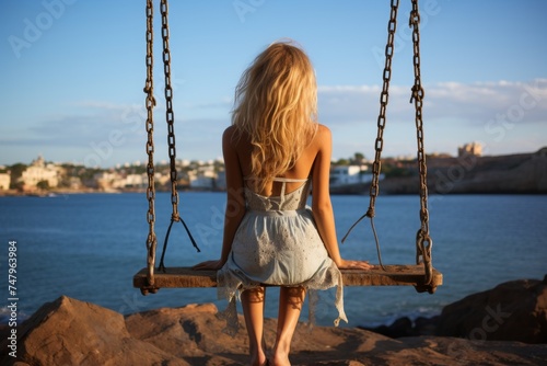 A traveler relaxing on a swing at the sea,leisure, tourist trip, summer vacation, vacation trip