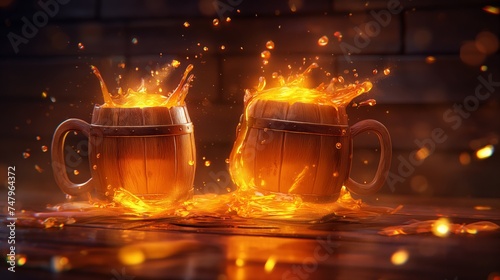 Cartoon-ish look of a logo with two wooden mugs with pouring mead photo