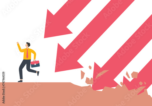 Businessman fleeing a group of falling arrows destroying the ground concept,
