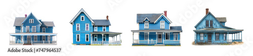 Old blue wood house collection isolated on a white background. Antique vintage house set. Wooden two story house with porch. Victorian, Edwardian, historical. Abandoned mansion. Rural house.