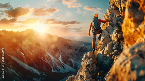 Rock Climber Scaling Steep Cliffs in Mountainous Landscape photo