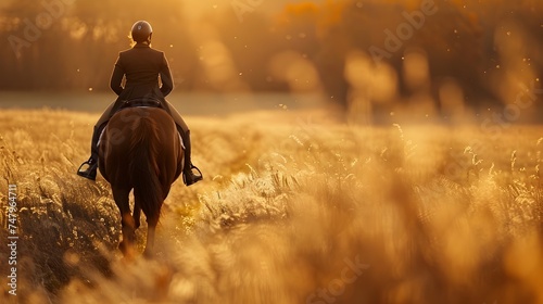 Woman Riding Horse at Sunset in Amber Hues © vanilnilnilla