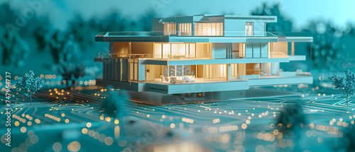 3D rendering of a modern house on a circuit board with lights