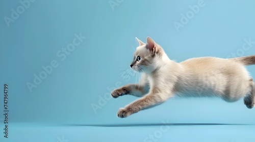 Siamese Cat Jumping on Blue Background 