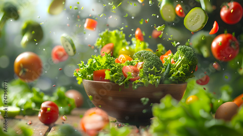 Vegetables falling into a bowl with flying tomatoes and cucumbers