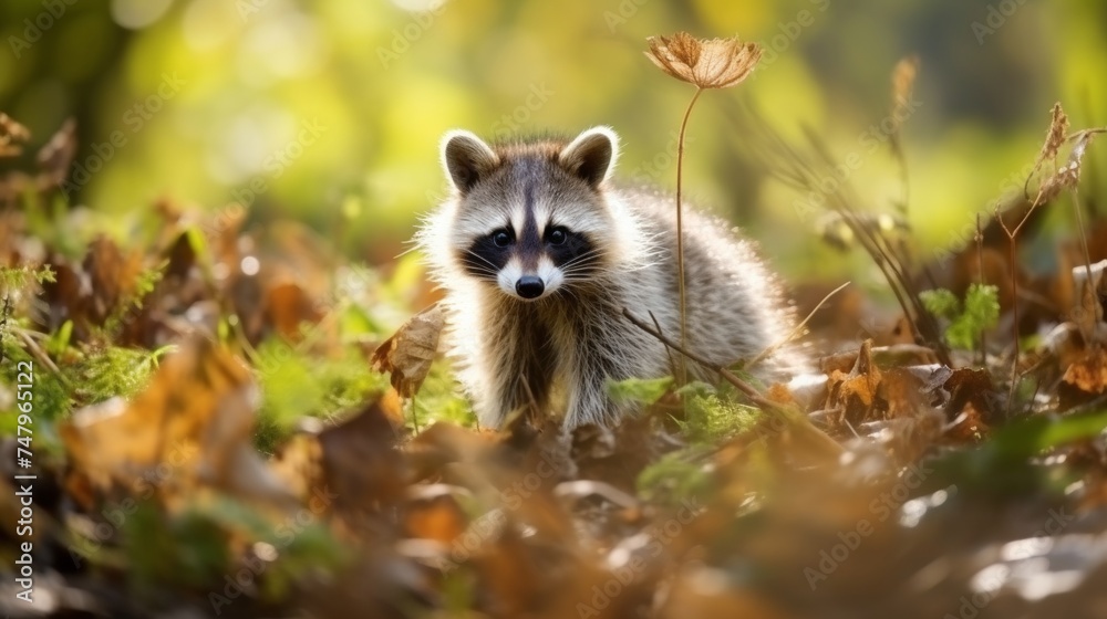 Obraz premium Adorable raccoon in its natural habitat with soft, blurred background and space for text