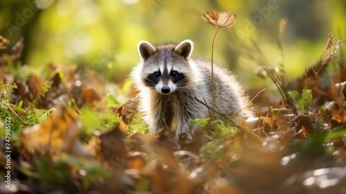 Adorable raccoon in its natural habitat with soft, blurred background and space for text © chelmicky