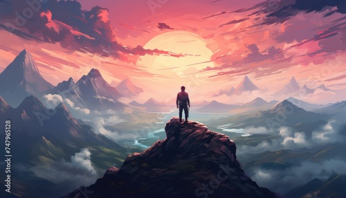 man standing on a hill looking at the strange mountain