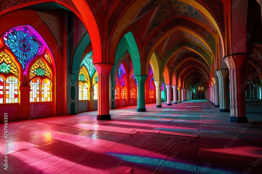 The Vibrant Color of Shah Alam Mosque Salahuddin Abdul Aziz Shah mosque during dramatic, copy space - generative ai