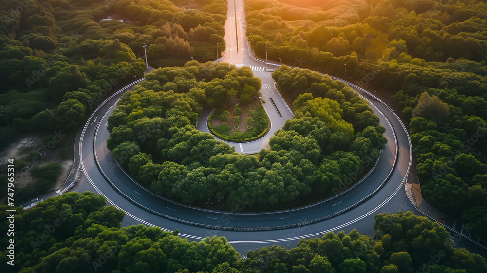 An aerial snapshot of a serpentine road wrapping around a lush roundabout, illuminated by the soft light of dusk.