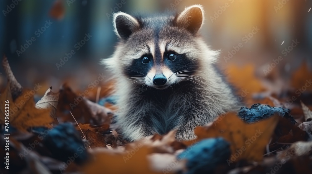 Raccoon in lush natural habitat with defocused background - wildlife photography with copy space