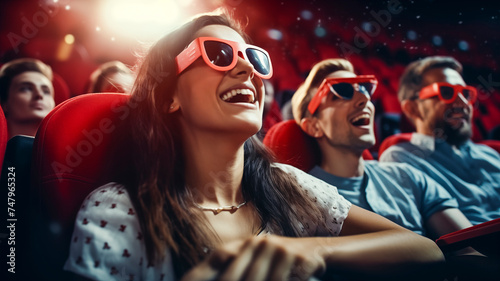 Laughing people in a cinema watching a movie with 3D glasses