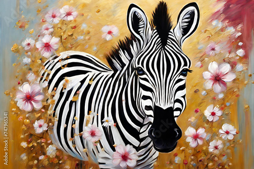 happy cute zebra in flower blossom atmosphere golden oil paint abstract art