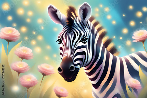 happy cute zebra in flower blossom atmosphere golden oil paint abstract art