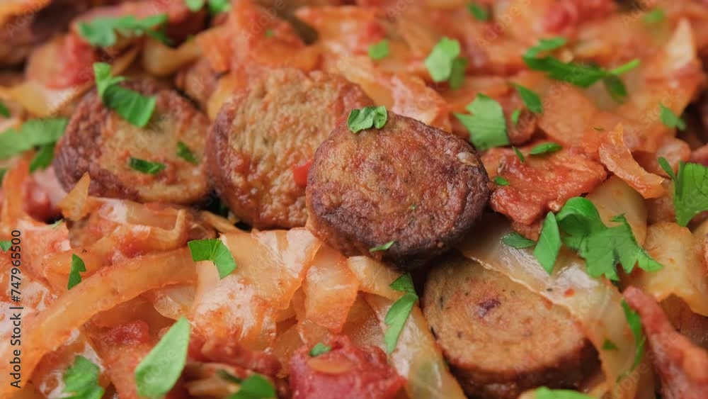 Stew cabbage with a sausage and bacon. Rotating video Stew cabbage with a sausage and bacon. Rotating video