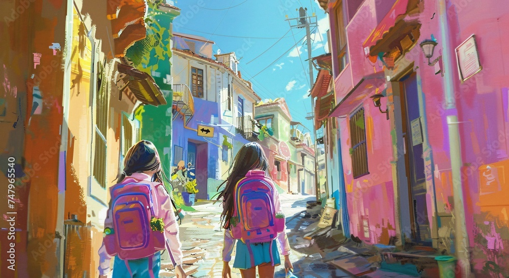 Summer Vibes Two Girls Walking Down a Colorful Street with Backpacks Generative AI