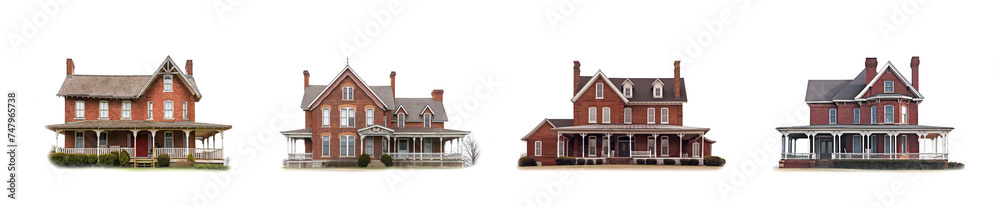Old red brick house collection isolated on a white background. Antique vintage house set. Wooden two story house with porch. Victorian, Edwardian, historical. Abandoned mansion. Rural house.