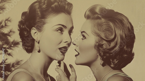 A woman spoke while another woman listened to gossip.  photo