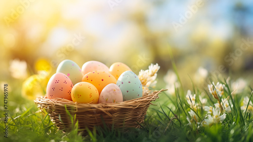 Spring easter decoration. Beautiful natural easter banner with copy space. Colorful eggs in a basket in spring sunny blooming cherry orchard