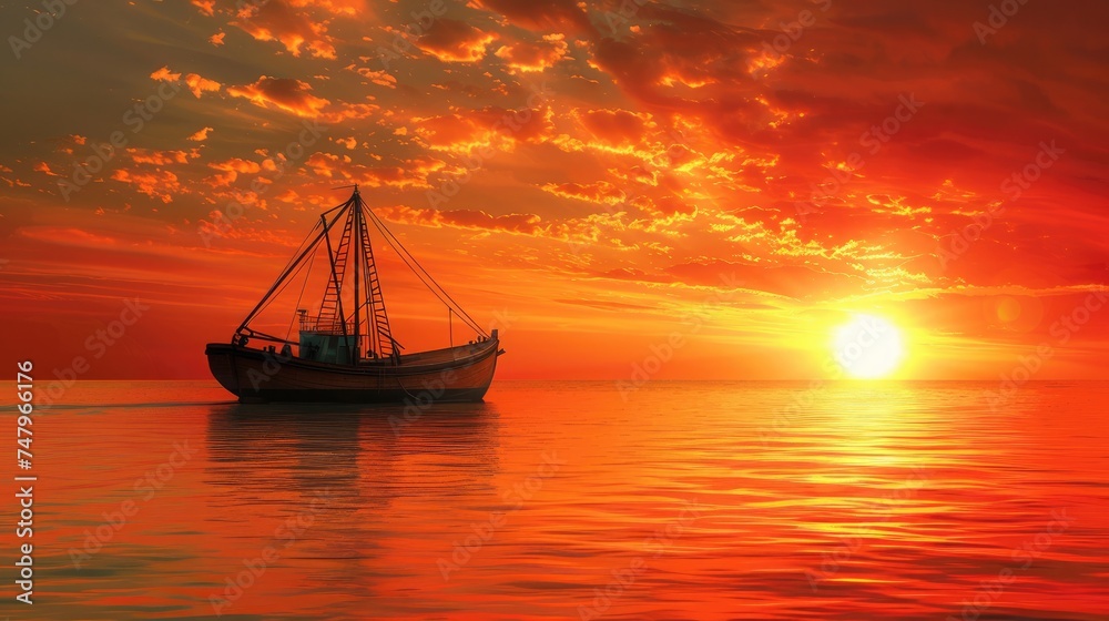 A lone fishing boat returning home, silhouetted against a fiery orange sunset sky, with calm waters reflecting the vibrant colors and the peaceful end to a day at sea. 8k
