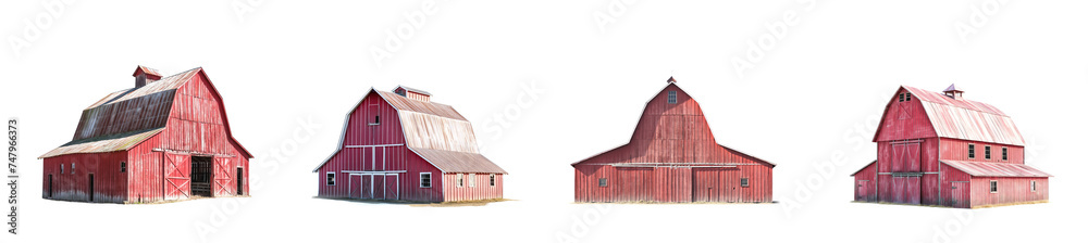 Old red barn. Set of farm barns isolated white background. Ranch barn. Farm barn. old barn. abandoned ranch barn isolated white background collection. Wooden barn. Made of wood. 