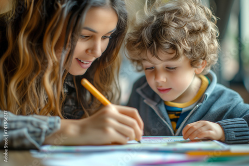 Wallpaper Mural mother and child painting together on a table at sunny day indoor. Torontodigital.ca