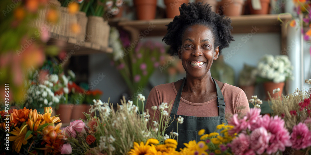 Elderly black woman in a flower shop