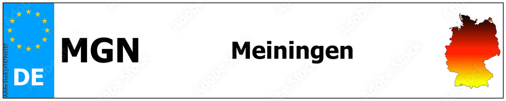 Meiningen car licence plate sticker name and map of Germany. Vehicle registration plates frames German number Meiningen car licence plate sticker name and map of Germany. Vehicle registration plates frames German number