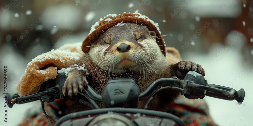 Naklejka premium Otter schlafen auf einem Motorrad