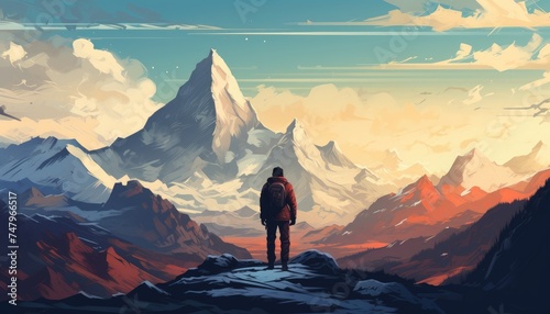 man standing on a hill looking at the strange mountain #747966517