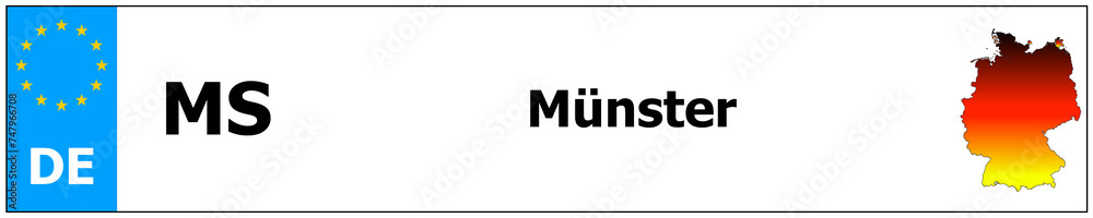 Münster car licence plate sticker name and map of Germany. Vehicle registration plates frames German number Münster car licence plate sticker name and map of Germany. Vehicle registration plates frames German number