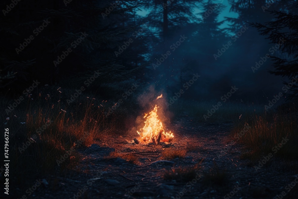 A bonfire illuminating a forest path at night, creating a guiding light through the darkness. 8k